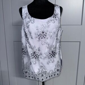 Le Bos Lace Tank Top Gray Sheer Floral Sequin Embroidered Peasant Fairycore Sz 8